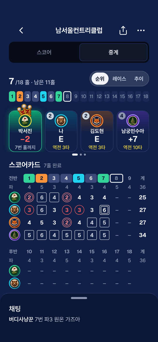 노라라 앱 — 라운드 중계 리더보드와 스코어카드